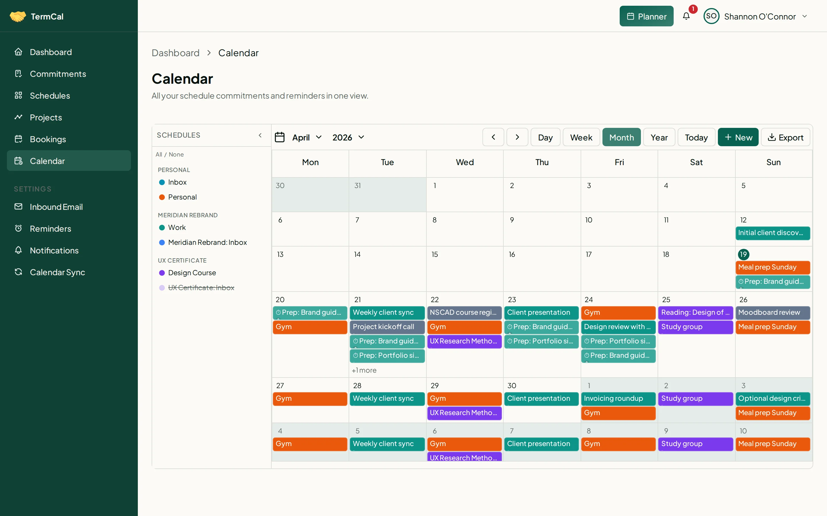 TermCal calendar showing commitments colour-coded by schedule — work in teal, coursework in violet, personal in orange