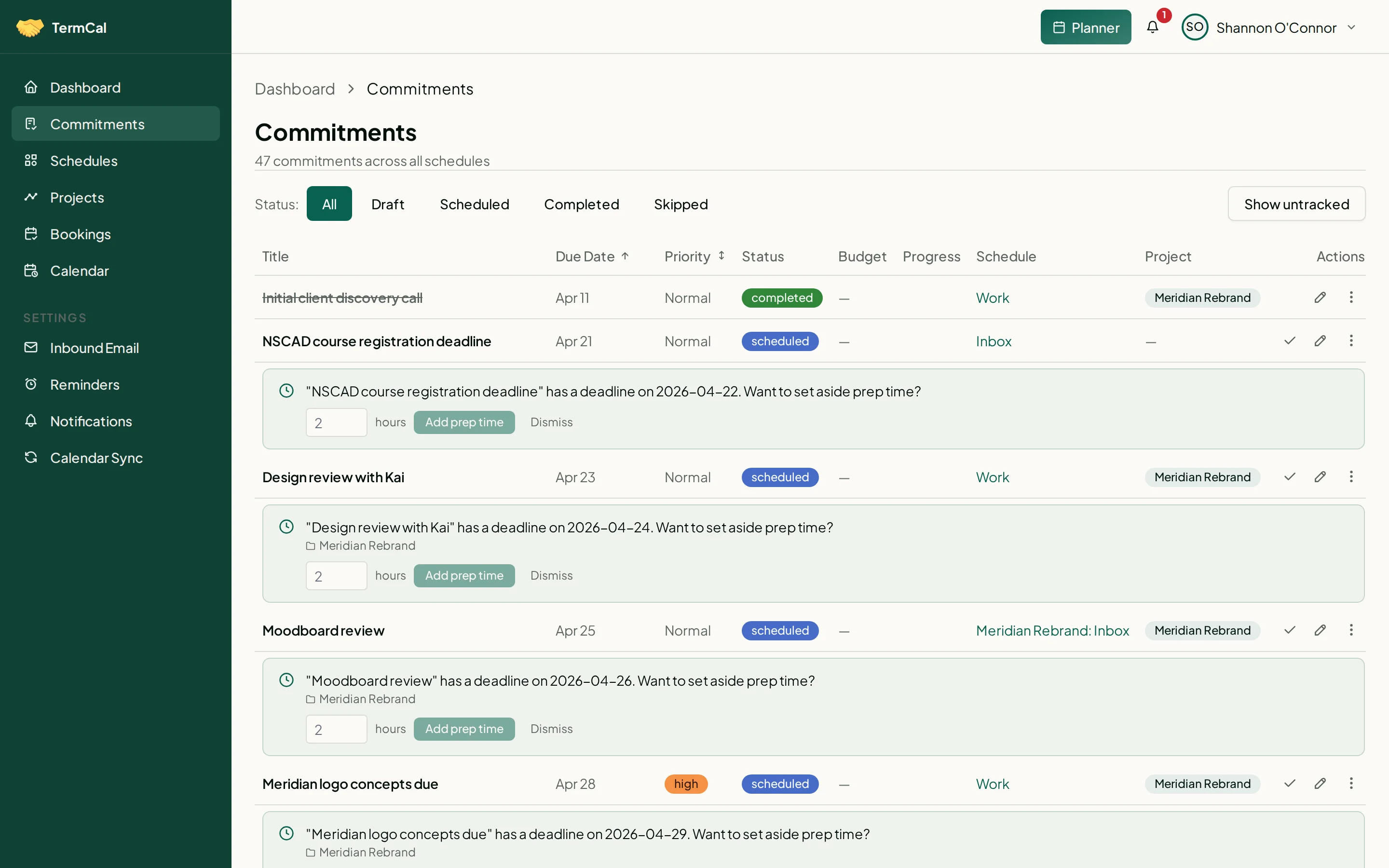 Commitments list showing priority badges, recurrence icons, and email-sourced items