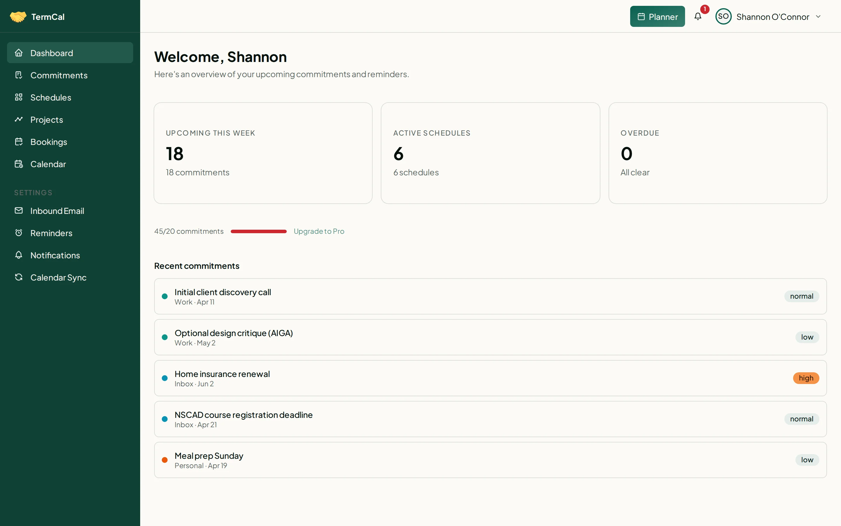 TermCal dashboard home showing upcoming commitments, schedule overview, and usage tracking