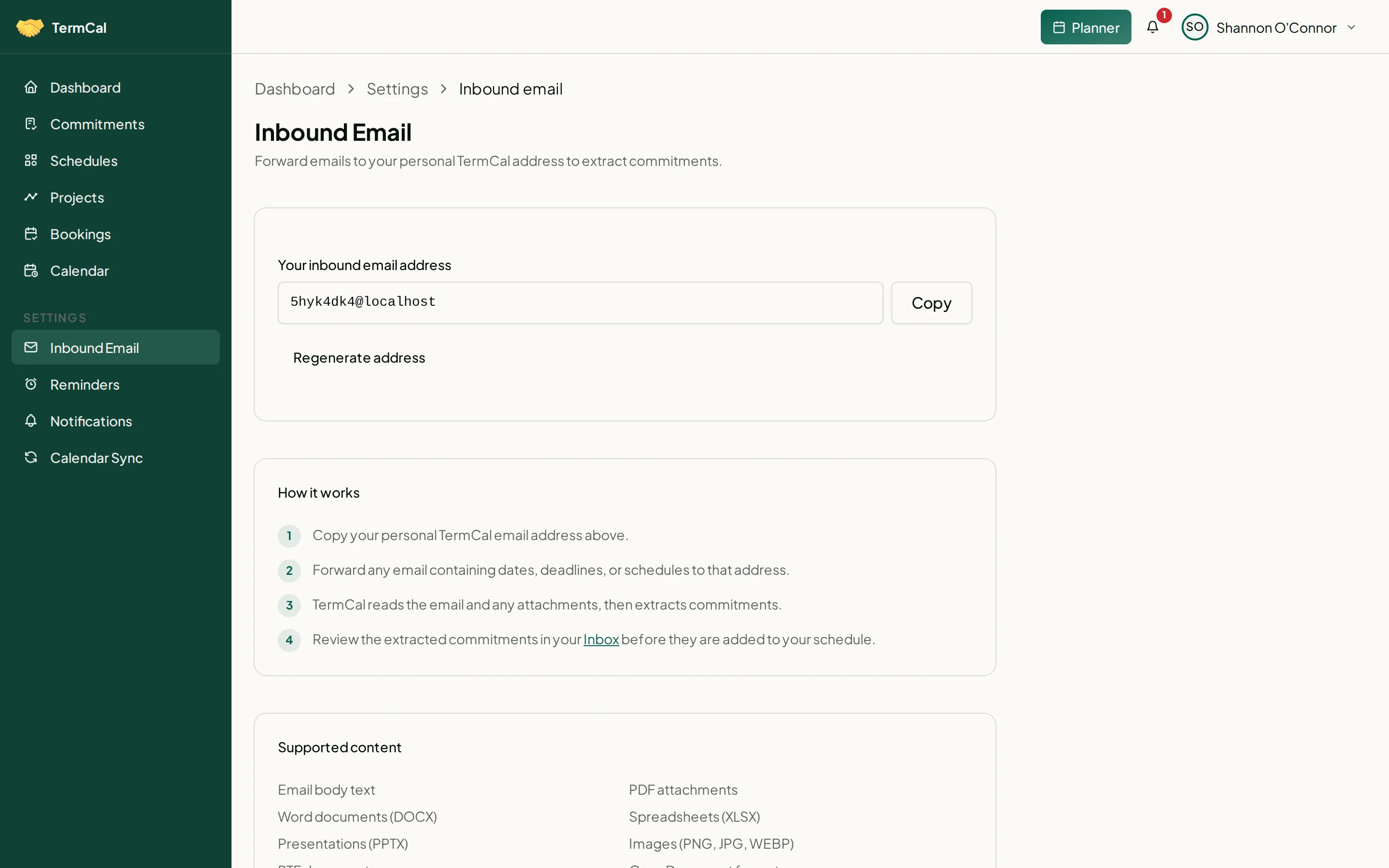 Inbound email settings showing the unique forwarding address and extraction options