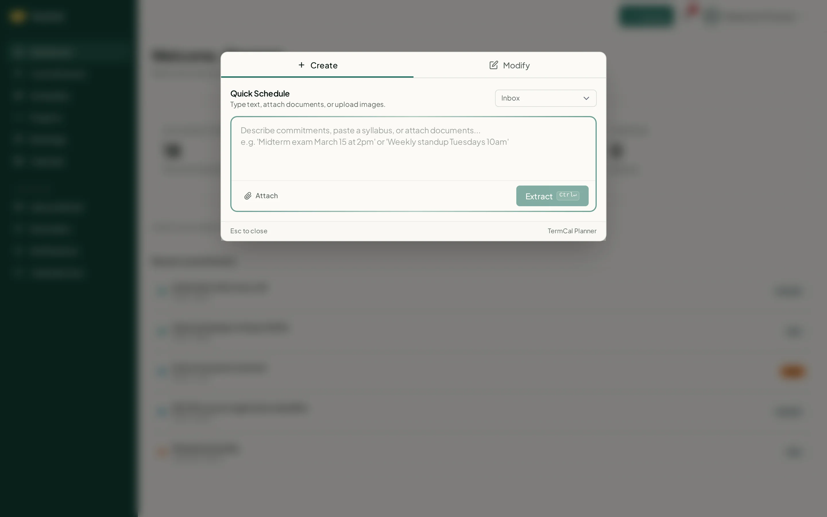 Planner modal with Quick Schedule tab open for creating commitments from natural language