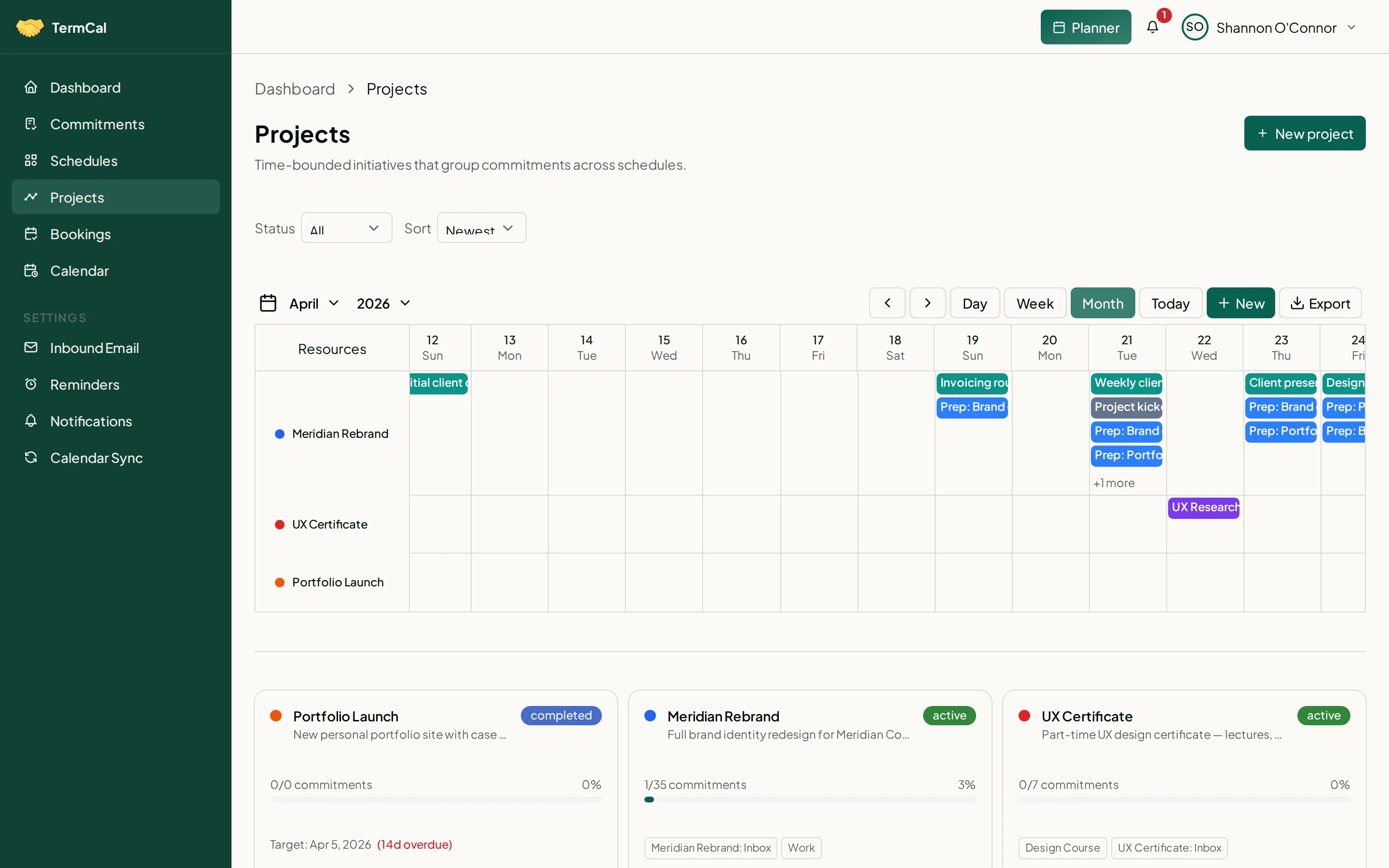 Projects view showing timeline across schedules